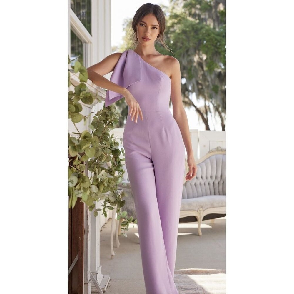 DRESS THE POPULATION Tiffany One-Shoulder Jumpsuit in Wisteria Size XX-Small